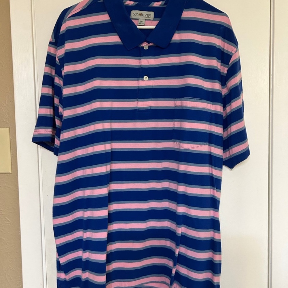 Sun River Men's Classic Striped Polo Shirt - Navy and Pink